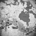 Black and white COVID-19 Media Impact Map for Canada in Google Maps showing 286 markers.