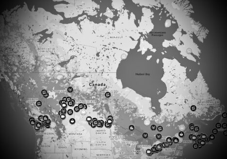 Black and white COVID-19 Media Impact Map for Canada in Google Maps showing 286 markers.