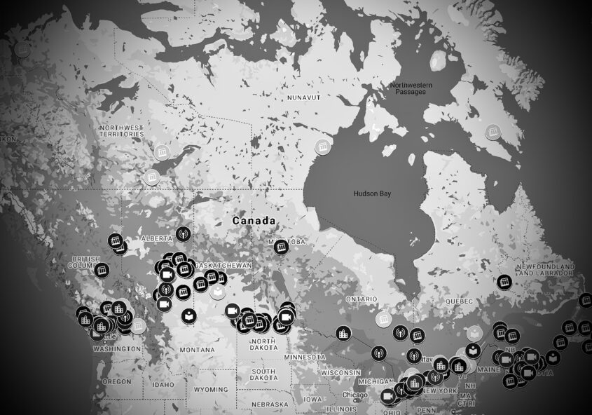 Black and white COVID-19 Media Impact Map for Canada in Google Maps showing 286 markers.