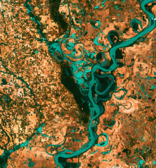 Small, blocky shapes of towns, fields, and pastures surround the graceful swirls and whorls of the Mississippi River. Countless oxbow lakes and cutoffs accompany the meandering river south of Memphis, Tennessee, on the border between Arkansas and Mississippi, USA. The "mighty Mississippi" is the largest river system in North America.
