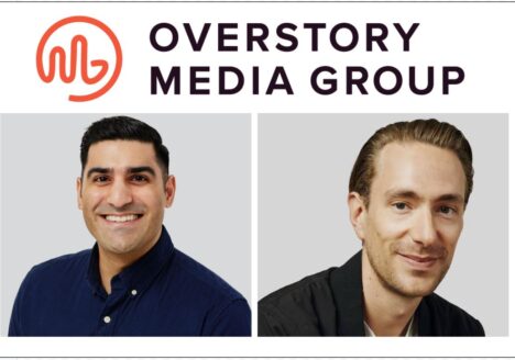 Overstory Media Group logo on top, photo of Farhan Mohamed bottom left, photo of Andrew Wilkinson bottom left, on white background