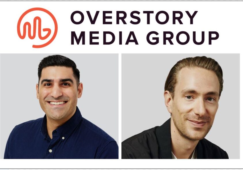Overstory Media Group logo on top, photo of Farhan Mohamed bottom left, photo of Andrew Wilkinson bottom left, on white background