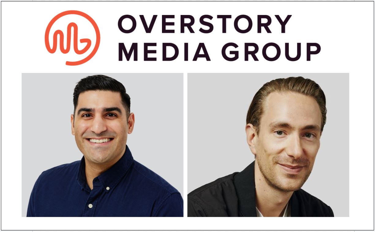 Overstory Media Group logo on top, photo of Farhan Mohamed bottom left, photo of Andrew Wilkinson bottom left, on white background