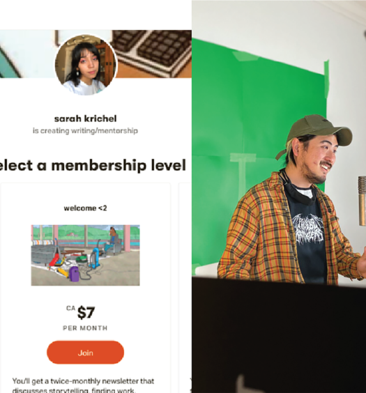 From left to right: Trick Magazine logo, Before I Die Podcast logo; screenshot of Sarah Krichel's Patreon; Photo of Adam Chen; Photo of Shanelle Somers.