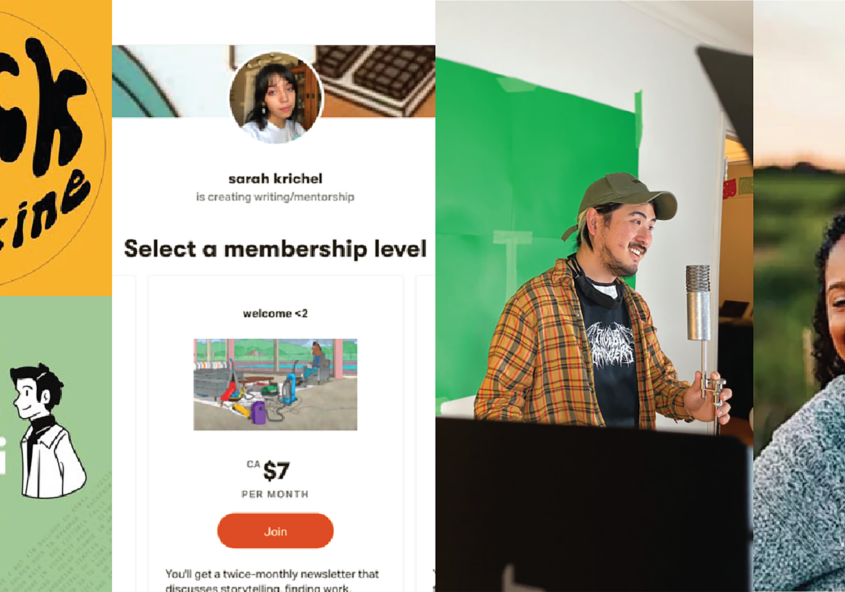 From left to right: Trick Magazine logo, Before I Die Podcast logo; screenshot of Sarah Krichel's Patreon; Photo of Adam Chen; Photo of Shanelle Somers.