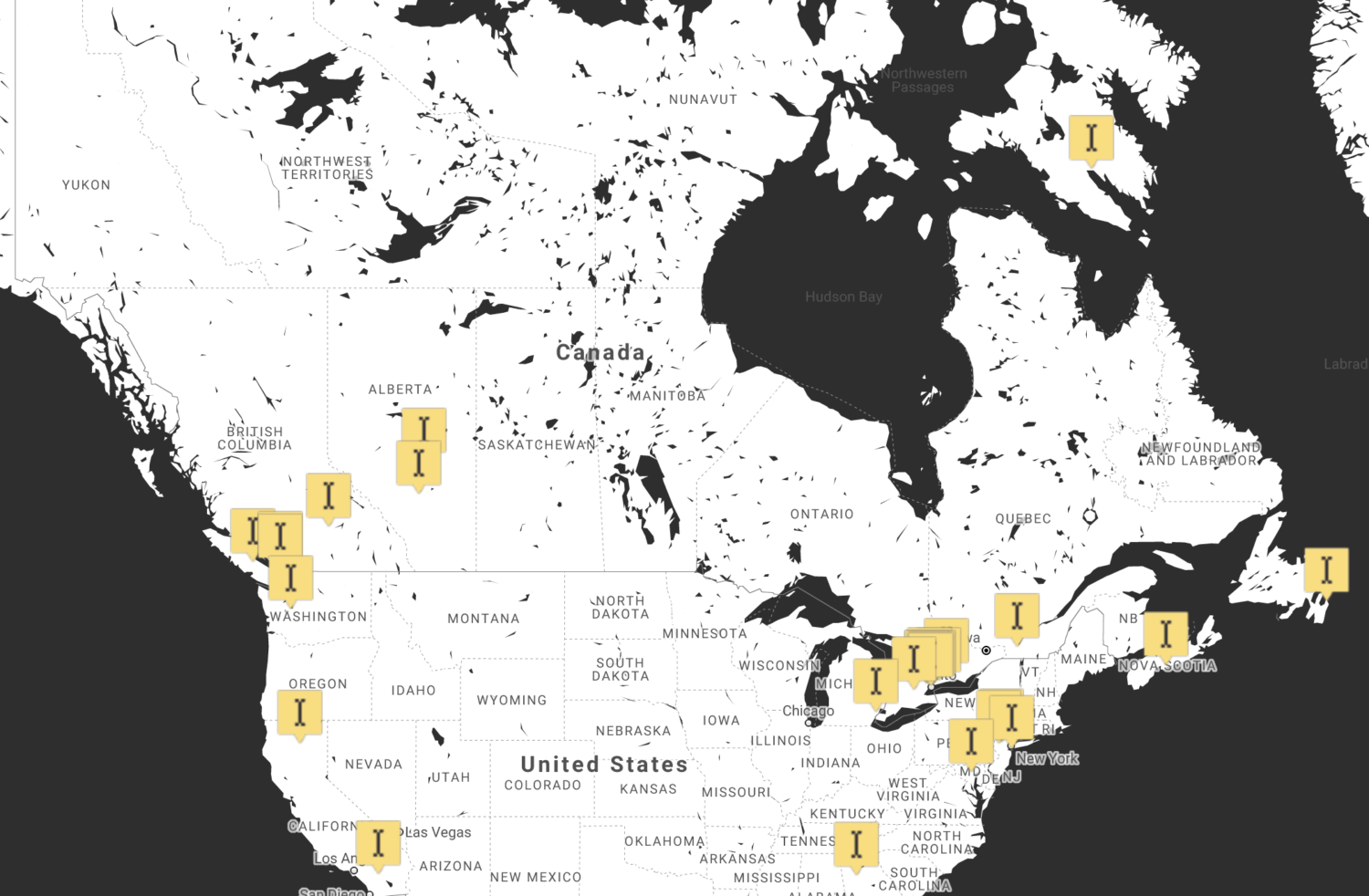 Black and white map of Canada and the United States with 37 yellow markers showing the location of Indiegraf publishers.