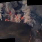 Stitched panorama aerial view of a forest fire in Alberta