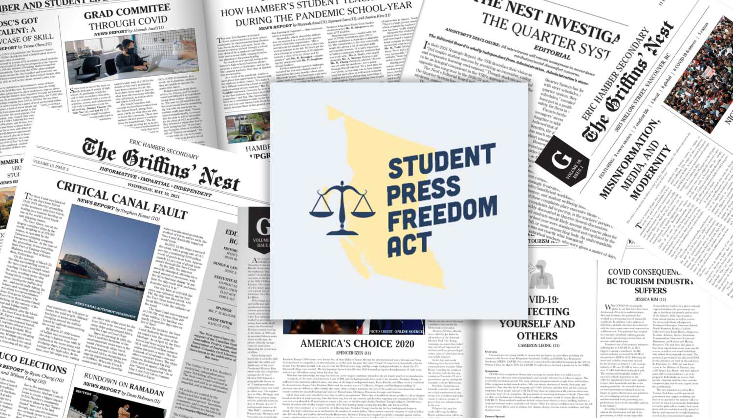 Collage of Griffins' Nest paper front pages. Student Press Freedom Act logo in centre: Dark blue scale icon on the left, dark blue text reading "Student Press Freedom Act" over yellow map of B.C. over light blue background.