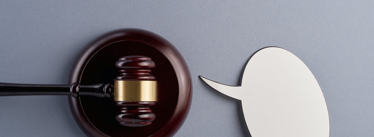 Gavel resting and white speech bubble cutout on light blue/gray background