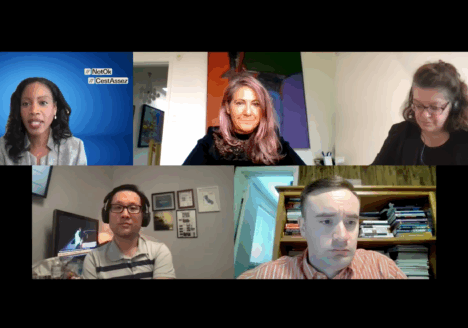 Results of an Ipsos survey of online harassment of journalists were presented on Nov. 9 at virtual forum #NotOk. Speakers included (from top left, moving clockwise) Yolande James, Irene Gentle, Marie-Andrée Chouinard, Brent Jolly and Kenny Yum.