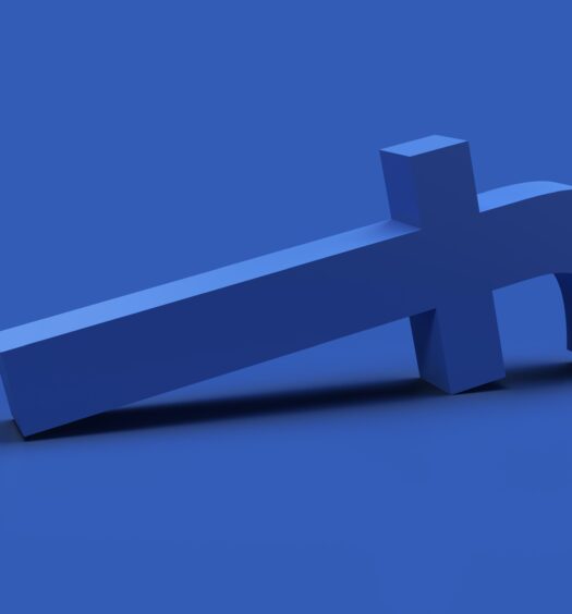 3d render the blue symbol facebook has fallen and is lying down, on blue background.