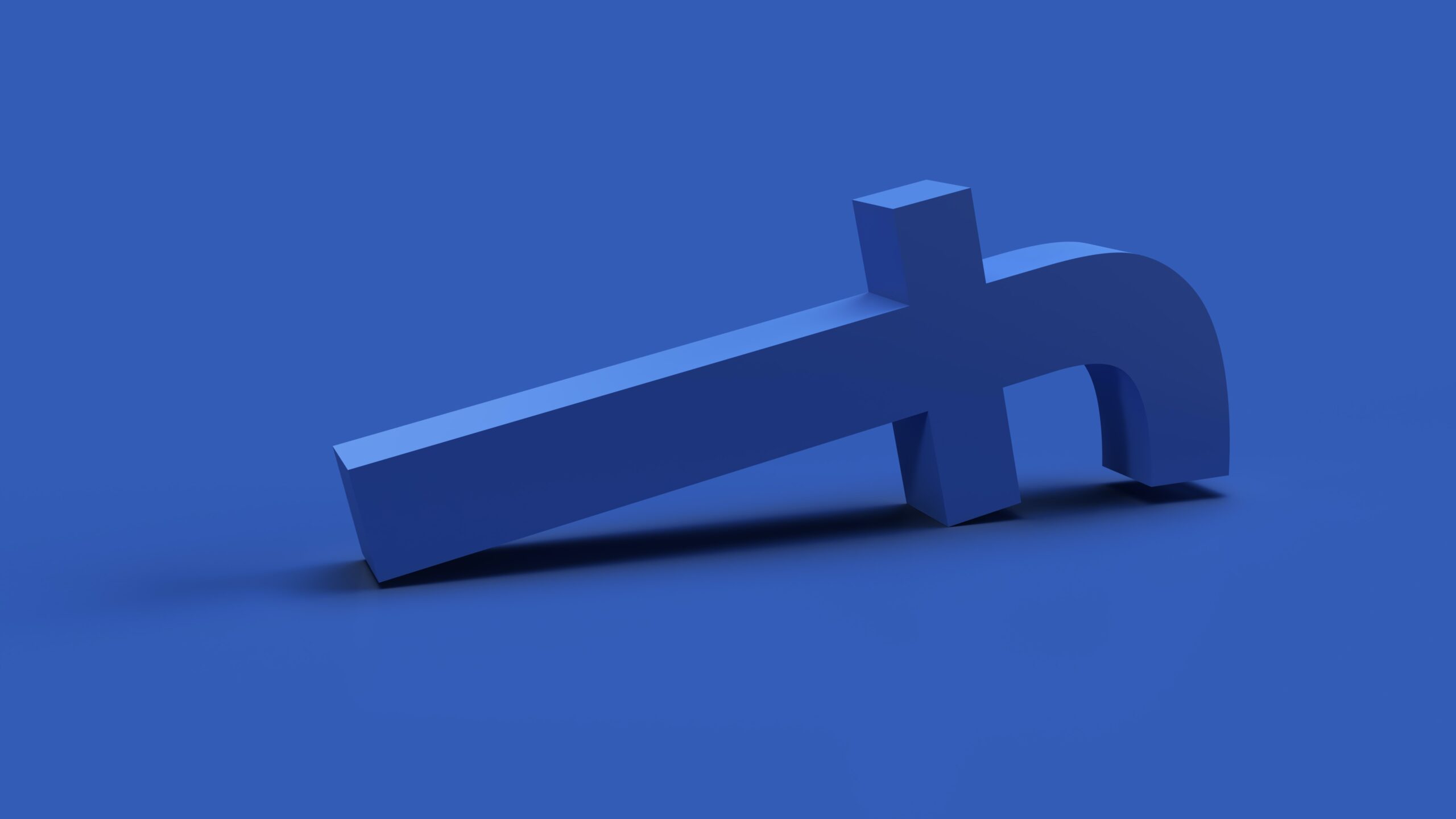 3d render the blue symbol facebook has fallen and is lying down, on blue background.