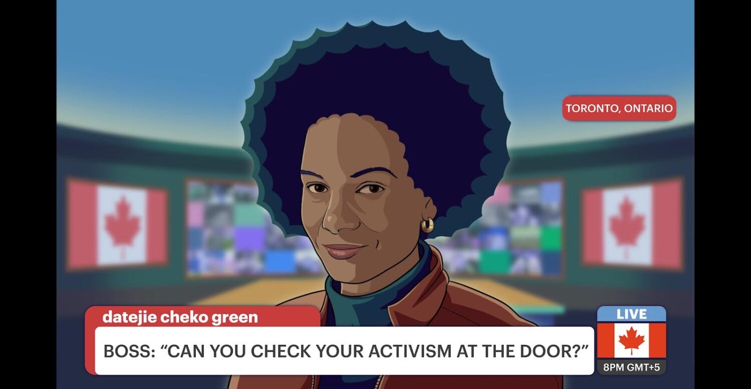 Illustration of a woman on a television news screen reporting from Toronto, Canada faces viewers with the chiron, "Boss: can you check your activism at the door?"