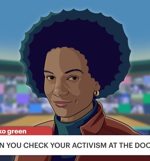 Illustration of a woman on a television news screen reporting from Toronto, Canada faces viewers with the chiron, "Boss: can you check your activism at the door?"
