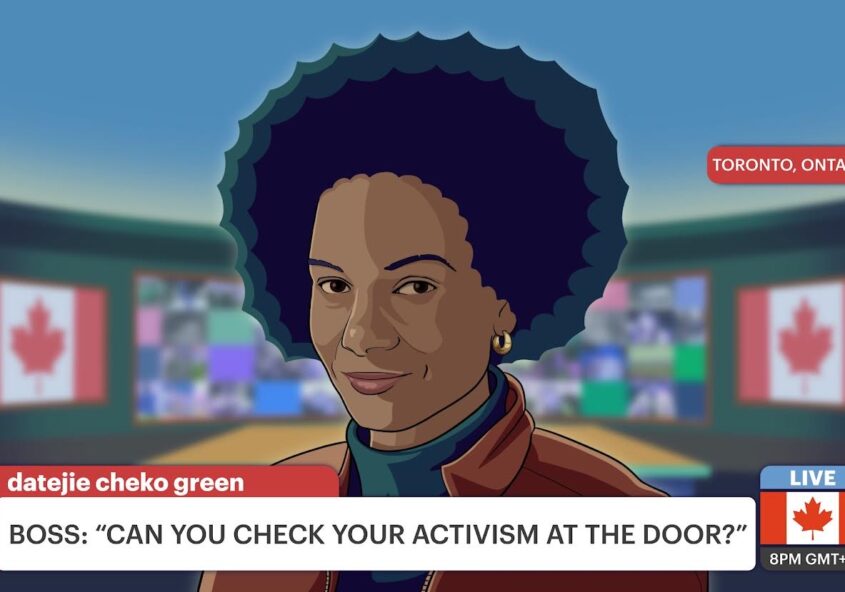 Illustration of a woman on a television news screen reporting from Toronto, Canada faces viewers with the chiron, "Boss: can you check your activism at the door?"