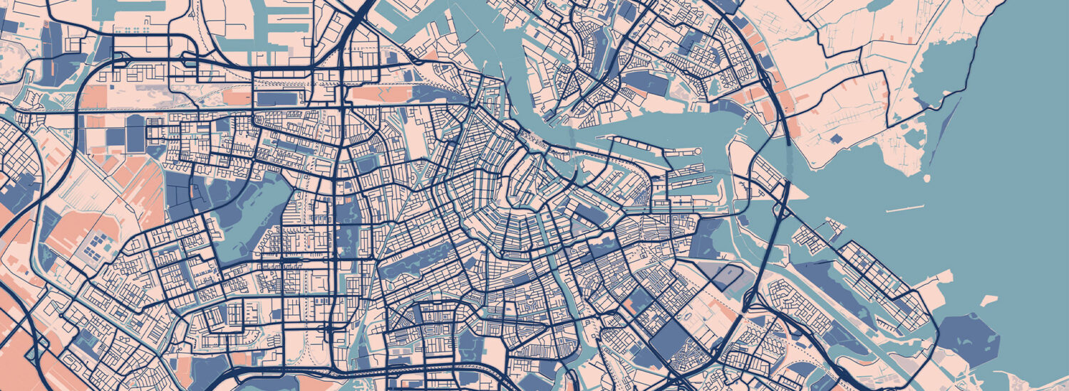 City map illustration in blue, pink and black