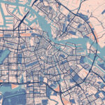City map illustration in blue, pink and black