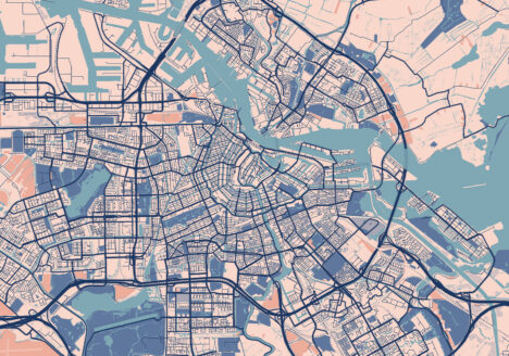 City map illustration in blue, pink and black