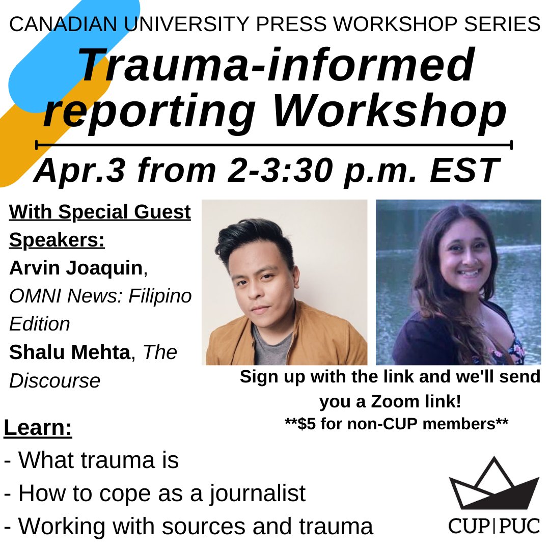 Canadian University Press workshop series: Trauma-informed reporting workshop Apr. 3 from 2-3:30 p.m. EST