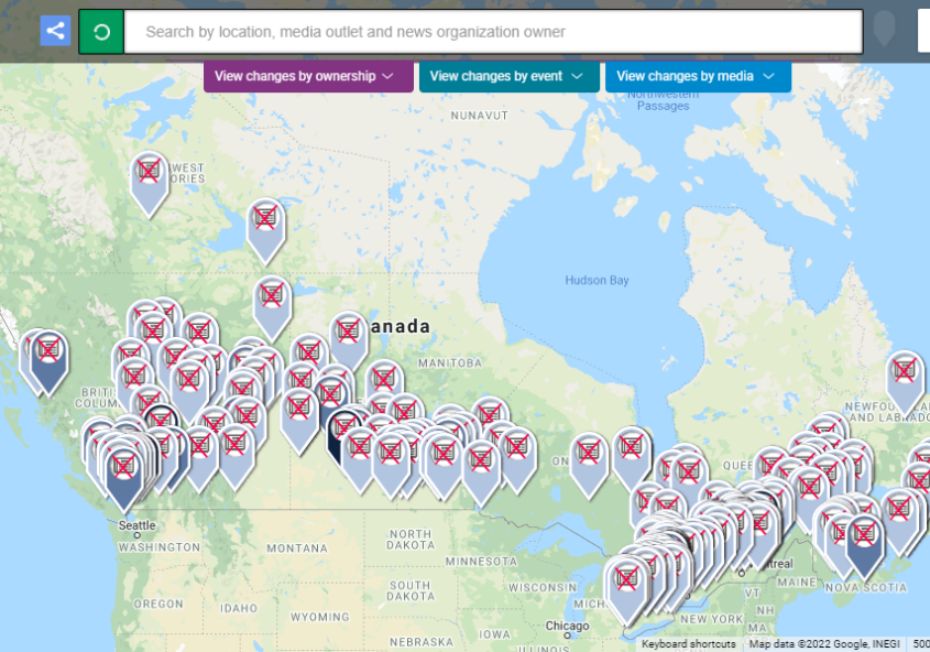 Closed newspaper markers on the Local News Map.