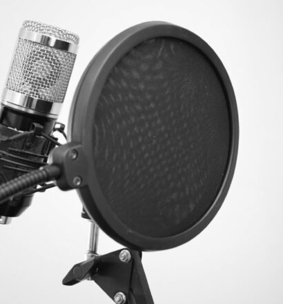 Black and white photo of studio mic