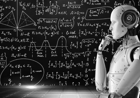 Robot sits in front of chalkboard filled with equations. Illustration in black and white.