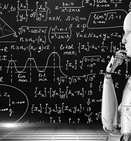 Robot sits in front of chalkboard filled with equations. Illustration in black and white.