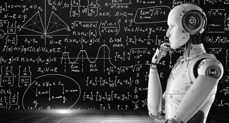 Robot sits in front of chalkboard filled with equations. Illustration in black and white.