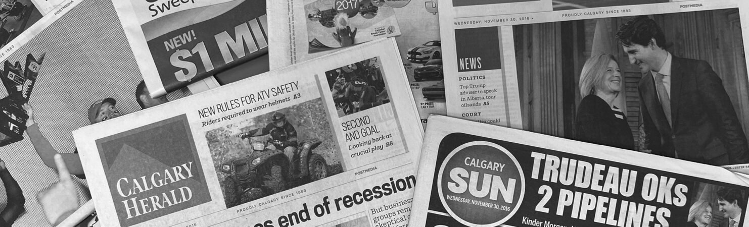 Collage of Calgary Sun and Herald newspapers in black and white
