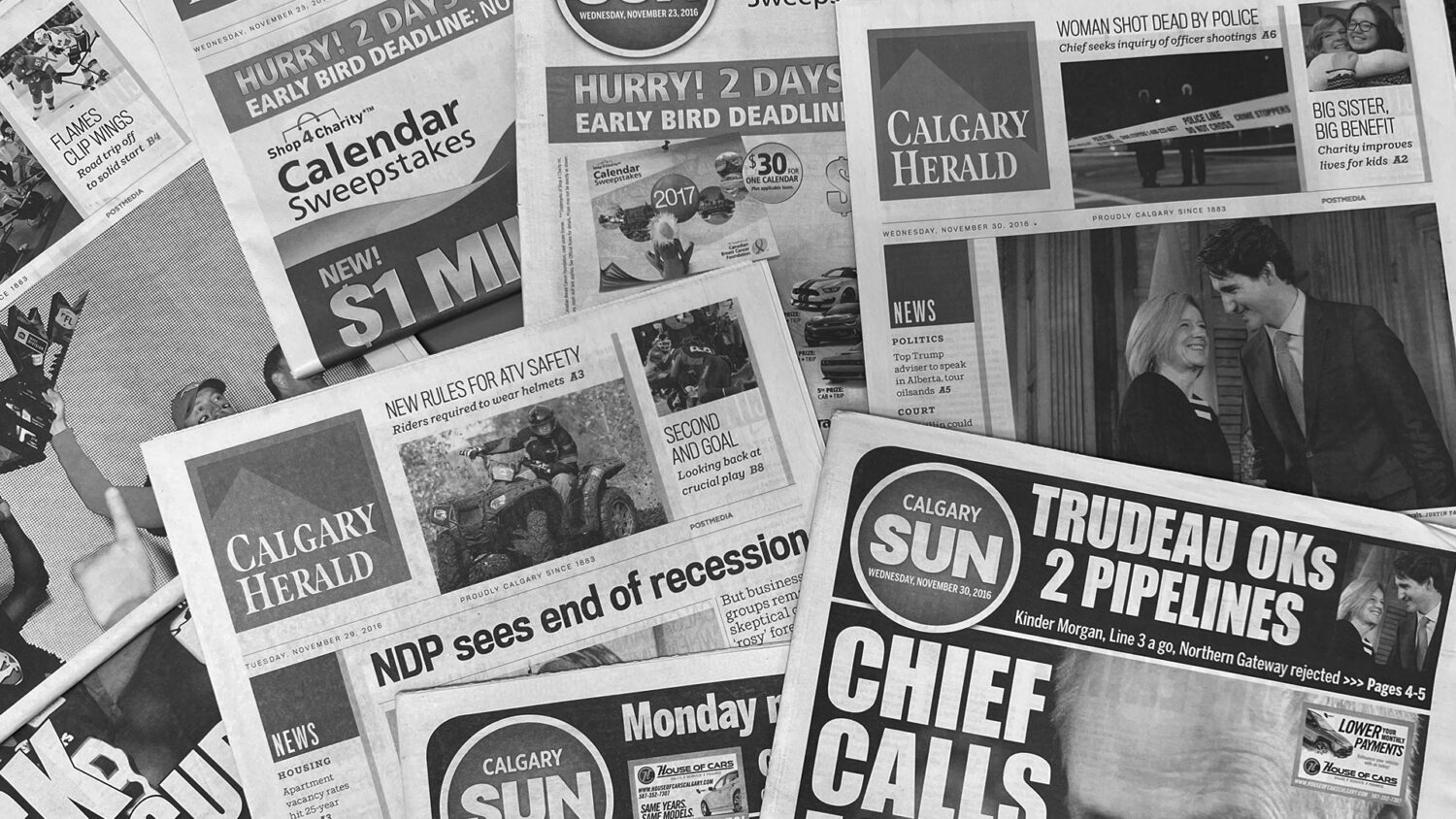 Collage of Calgary Sun and Herald newspapers in black and white