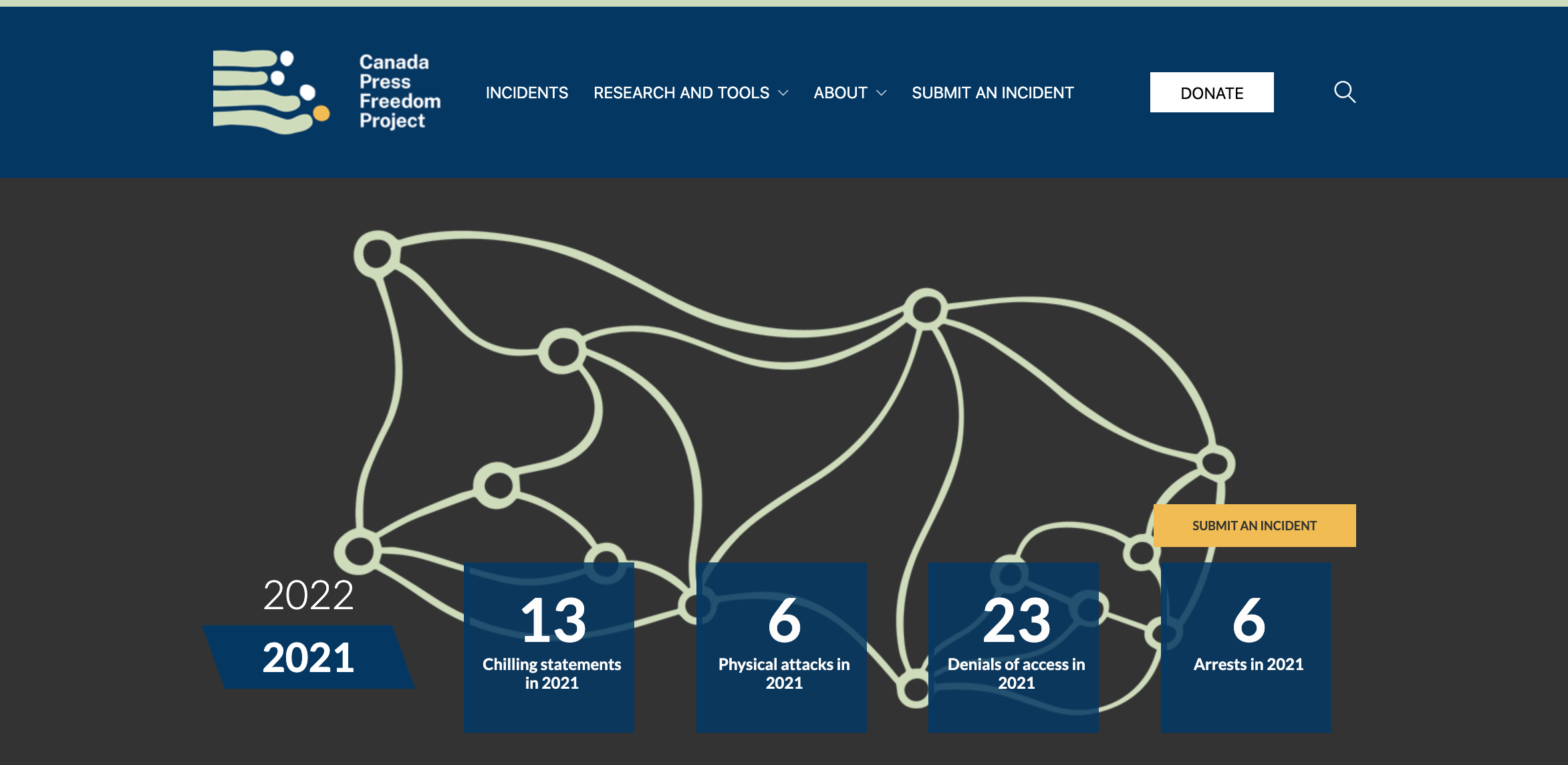Canada Press Freedom Project homepage counter shows in 2021, 13 chilling statements, 6 physical attacks, 23 denials of access and 6 arrests.