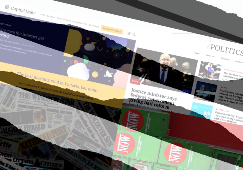 Collage of Capital Daily homepage, iPolitics homepage, collage of Postmedia newspapers in lower right corner and stack of NOW Magazine newspaper boxes. Transparent overlay of ripped paper