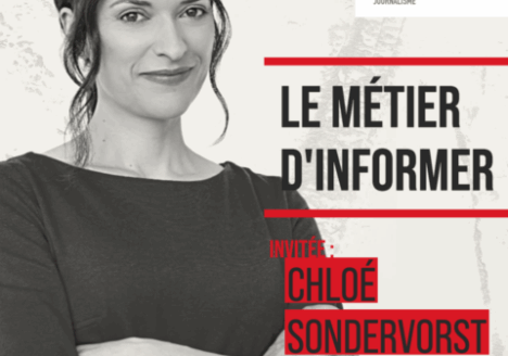 Photo de Chloé Sondervorst qui est interviewé ici dans le cadre d'un balado sur l'IA et le journalisme.