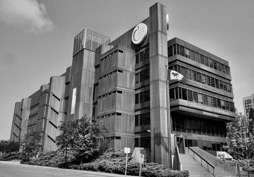 Exterior of Toronto District School Board Education Centre. Photo in black and white
