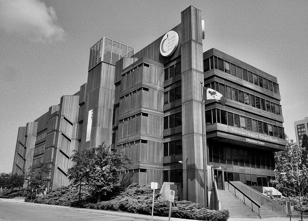 Exterior of Toronto District School Board Education Centre. Photo in black and white