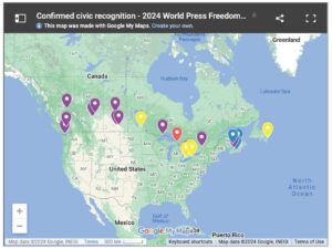 A map of all the locations in Canada that have passed press freedom resolutions at their city councils