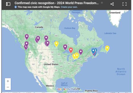 A map of all the locations in Canada that have passed press freedom resolutions at their city councils