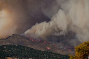 Plumes of smoke rise into the sky from a forest fire