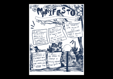 Journalism Manifesto illustration with cards reading “I will listen deeply to my guest/subject and understand what they’re expressing,” “I will take note is how I feel and reflect on the direction I’m taking,” “I will be honest with myself but understand when I should show it,” “I will respond and interact with my guest/subject with intent, care and without fear,” “I will be open to change and letting natural flow guide me.”