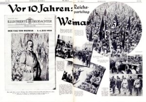 This spread reproduces images that appeared in the first issue of the llustrierter Beobachter, a Nazi publication, in July 1926, including one cropped image that falsely gives the impression that a Nazi event was well attended.