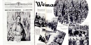 This spread reproduces images that appeared in the first issue of the llustrierter Beobachter, a Nazi publication, in July 1926, including one cropped image that falsely gives the impression that a Nazi event was well attended.